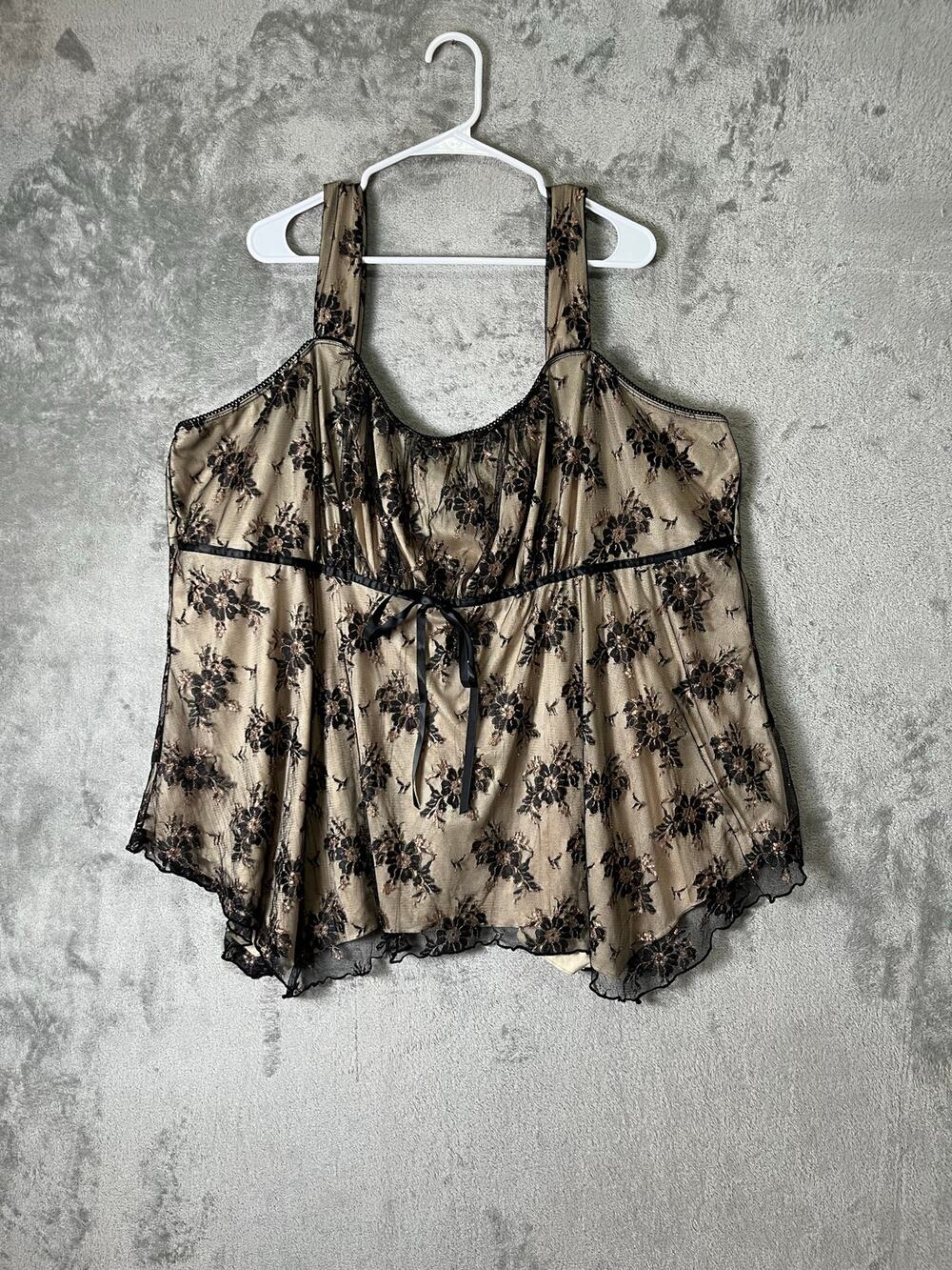Vintage Y2K Whimsigoth Fairy Grunge Black Floral Lace Babydoll Cami Tank Size 28
